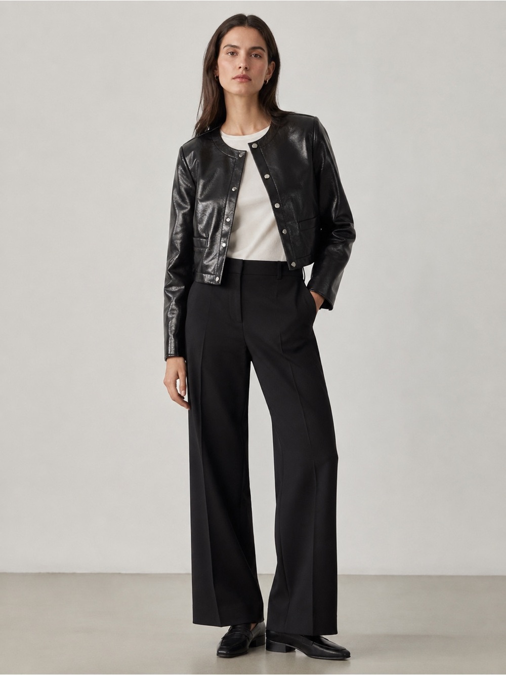 Theory ST Crop Patent Texture Faux Leather Snap button Black jacket NWT 6